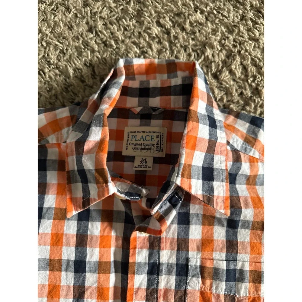 Place Boys White Orange Navy Blue Plaid Short Sleeve Button Down Size 7/8